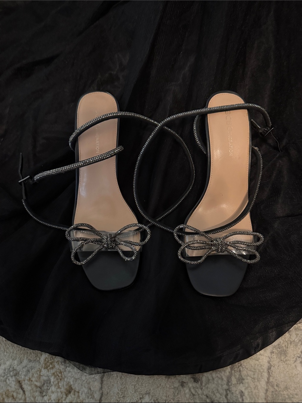 BCBGeneration Size 10 Black Rhinestone Bow Strappy Heels Sandals
